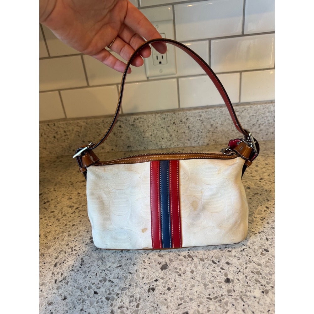 Vintage Coach Hamptons Signature Stripe Baguette Shoulder Bag Cream Red Navy